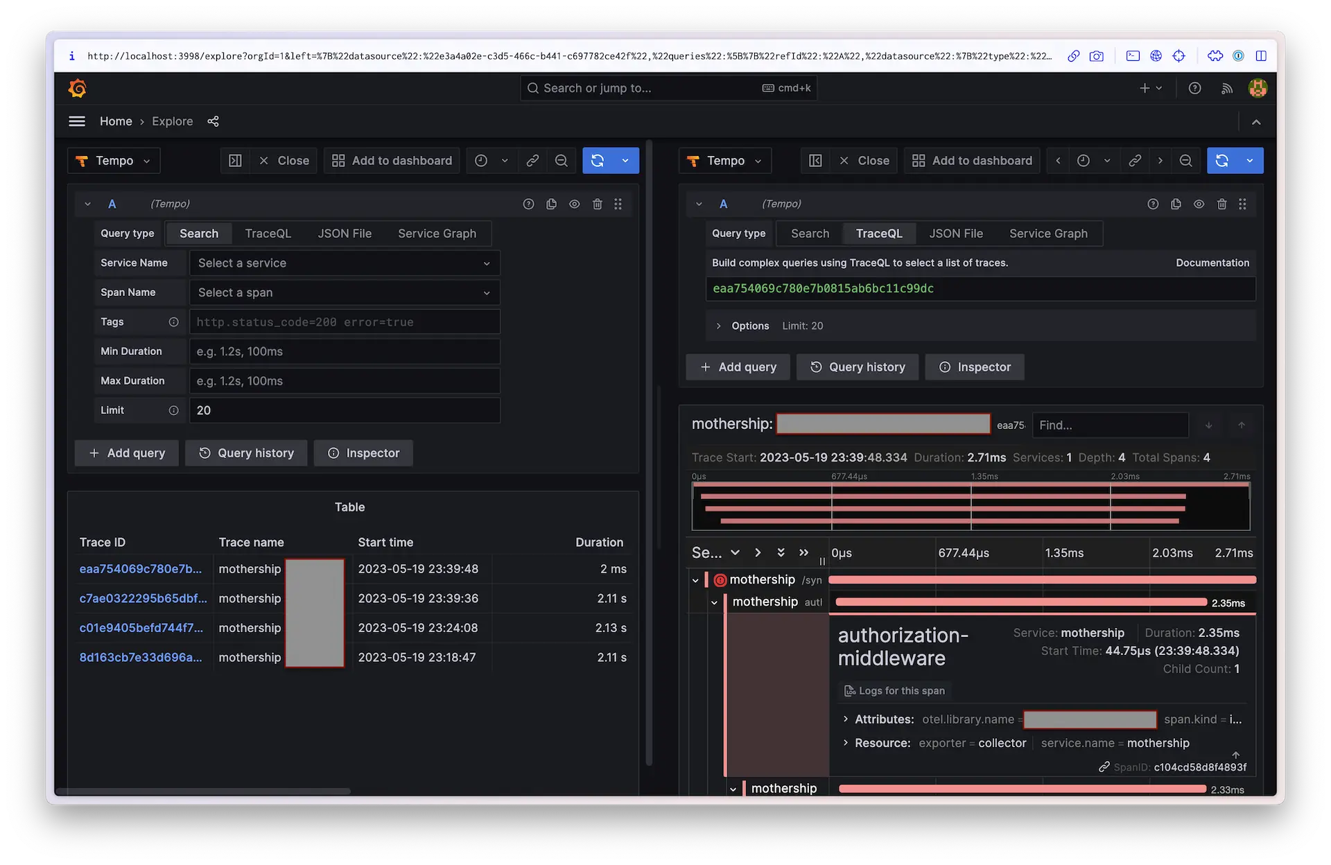 Screenshot of grafana displaying a trace from the tempo data store