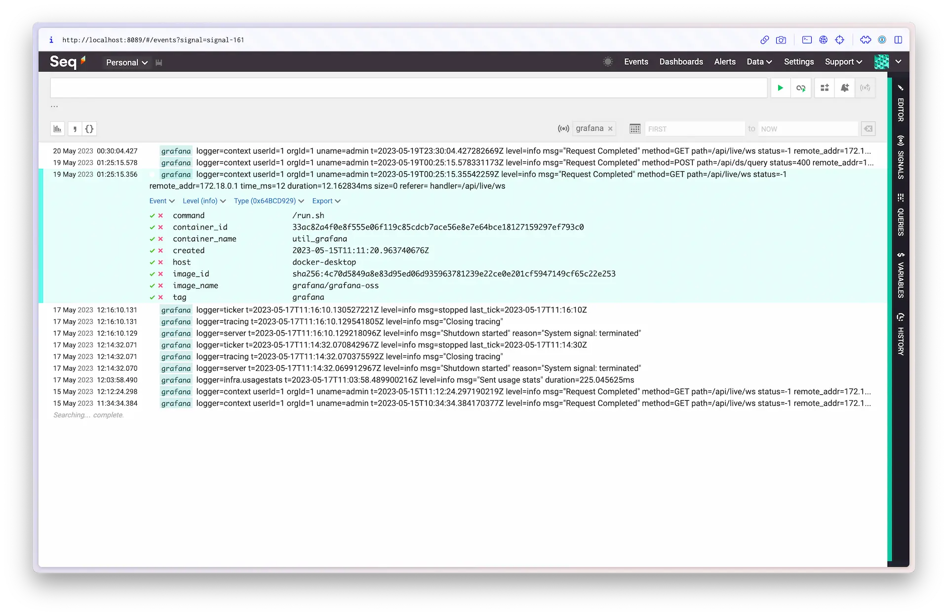 Screenshot of an seq instance showing logs from the grafana service