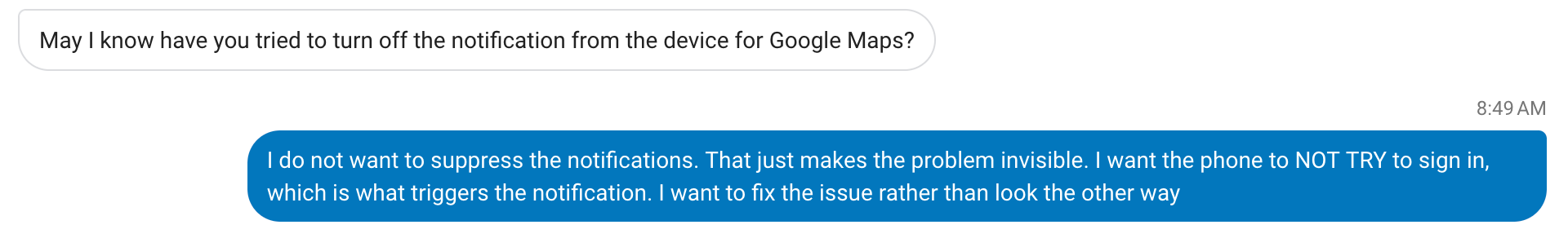 Screenshot of conversation where the customer agent asks me if I turned off notifications.