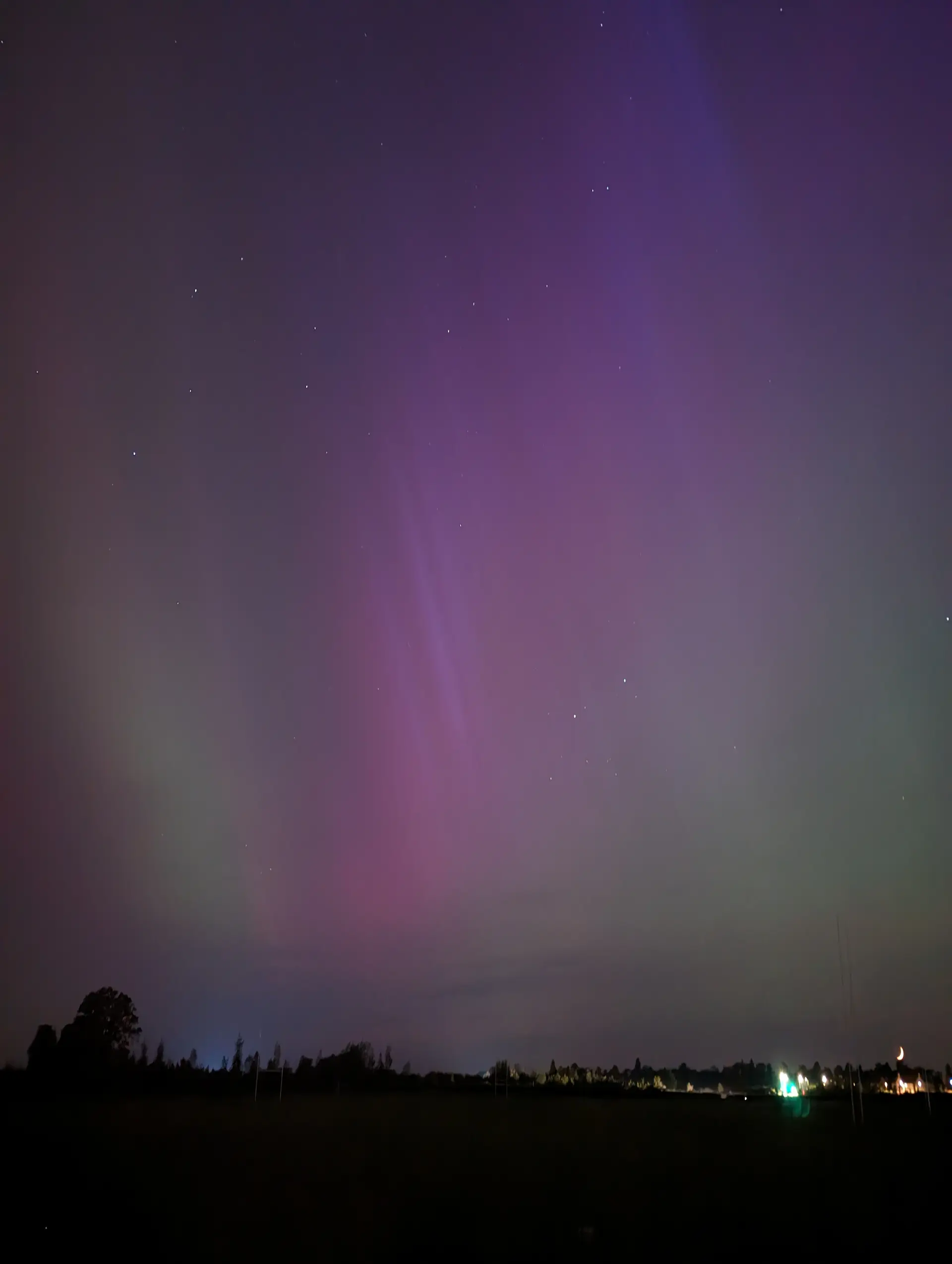 Suburb with Moon just over the horizon with purple and green Northern Lights.