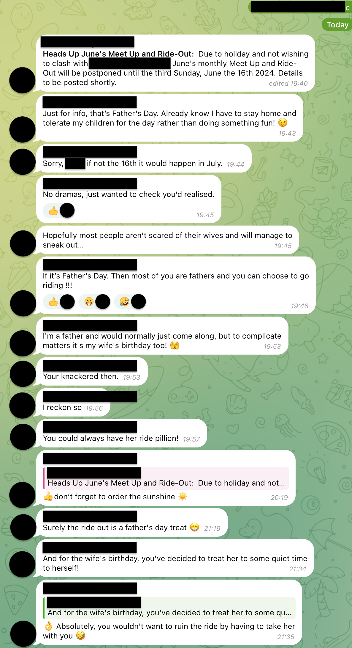 Screenshot of a conversation from telegram, personal details redacted.