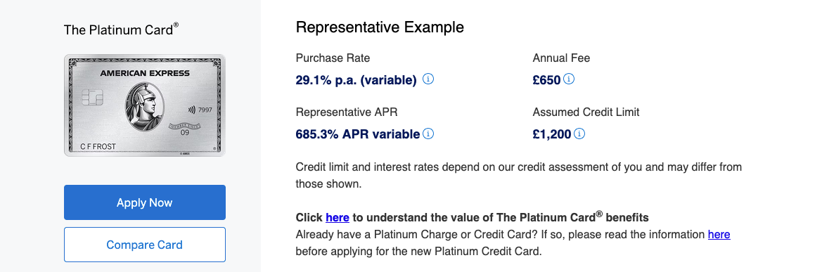 Screenshot of AMEX platinum card that shows 685.3% APR, 29.1% purchase rate, £650 annual fee, and £1,200 assumed credit limit.