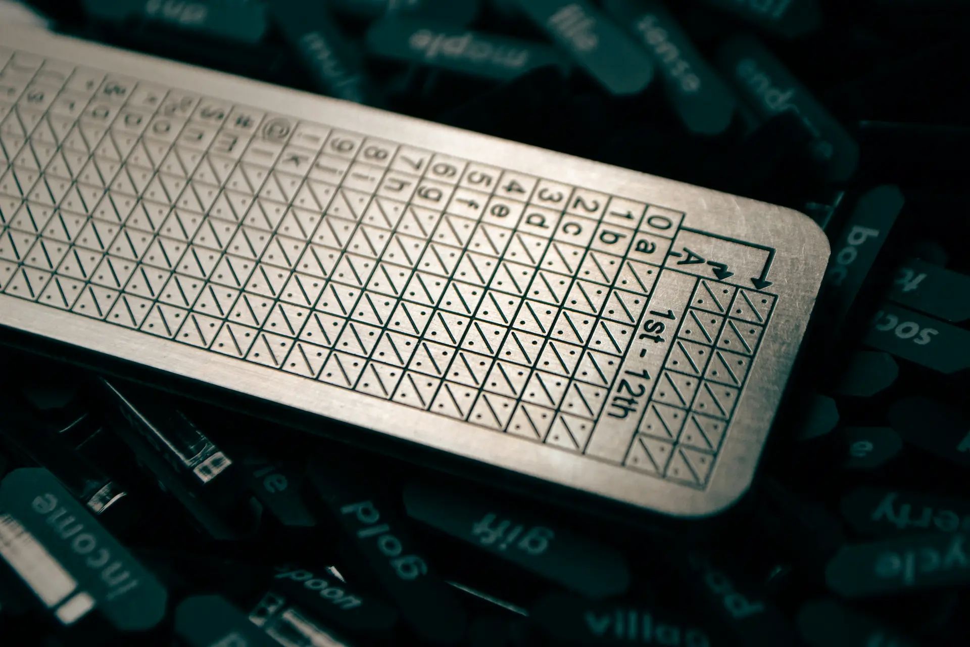 A metal punch card like sheet with individual characters in the left two columns and a grid for marking