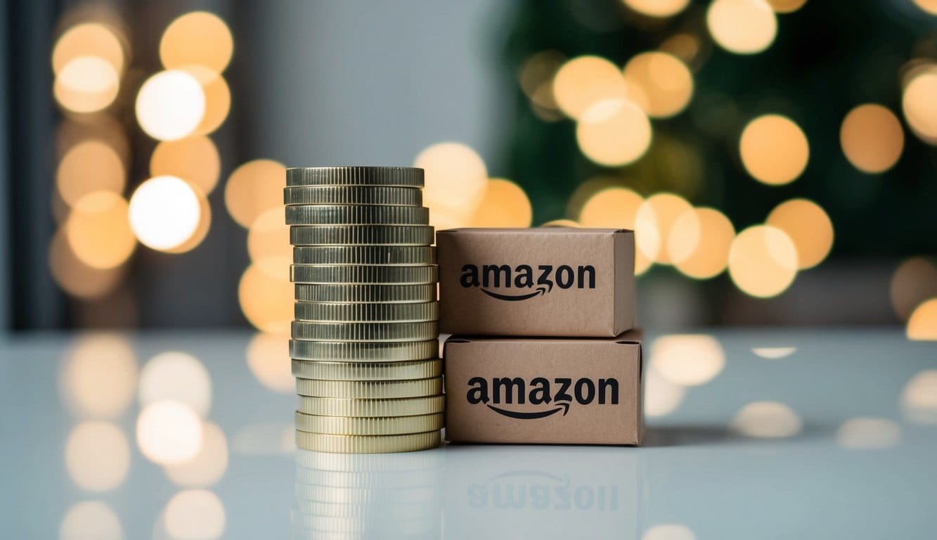A stack of gold coins next to two small cardboard boxes with Amazon logos, with blurred lights in the background.