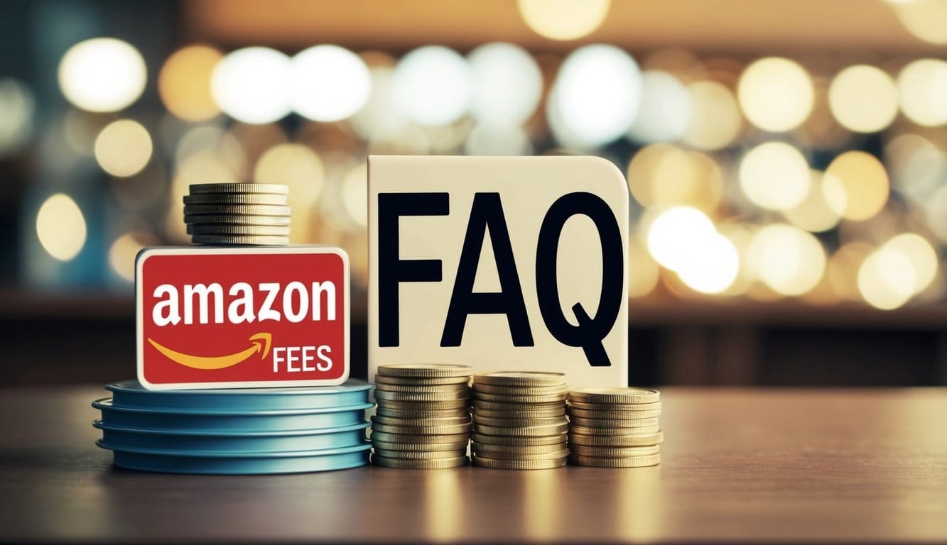 Stacks of coins, a sign reading "amazon FEES," and a large "FAQ" sign are displayed on a table with a blurred background.