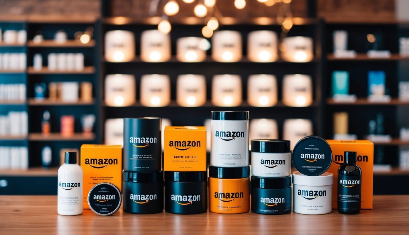 A well-lit product display featuring a variety of Amazon products arranged in an aesthetically pleasing composition