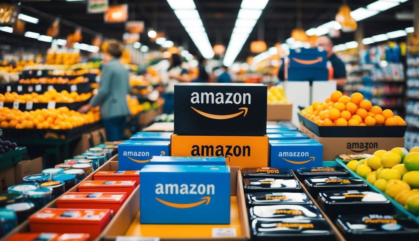 A bustling marketplace with a variety of products from around the world, each labeled with the Amazon Global Selling logo