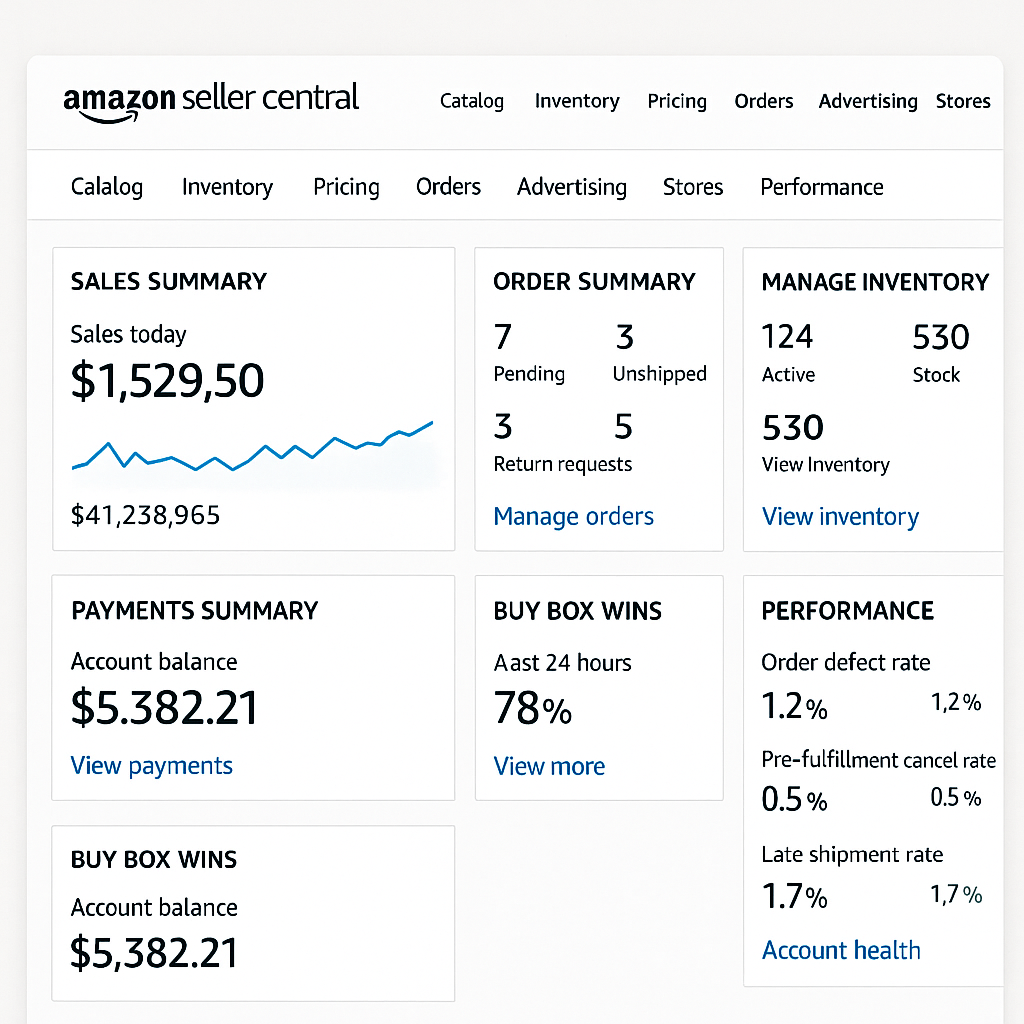 Amazon Seller Central dashboard showing sales, orders, inventory, and performance metrics.