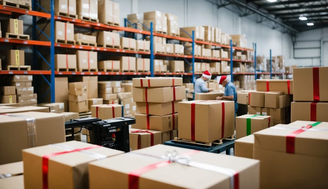 A busy warehouse with holiday-themed packages being sorted and prepared for shipment