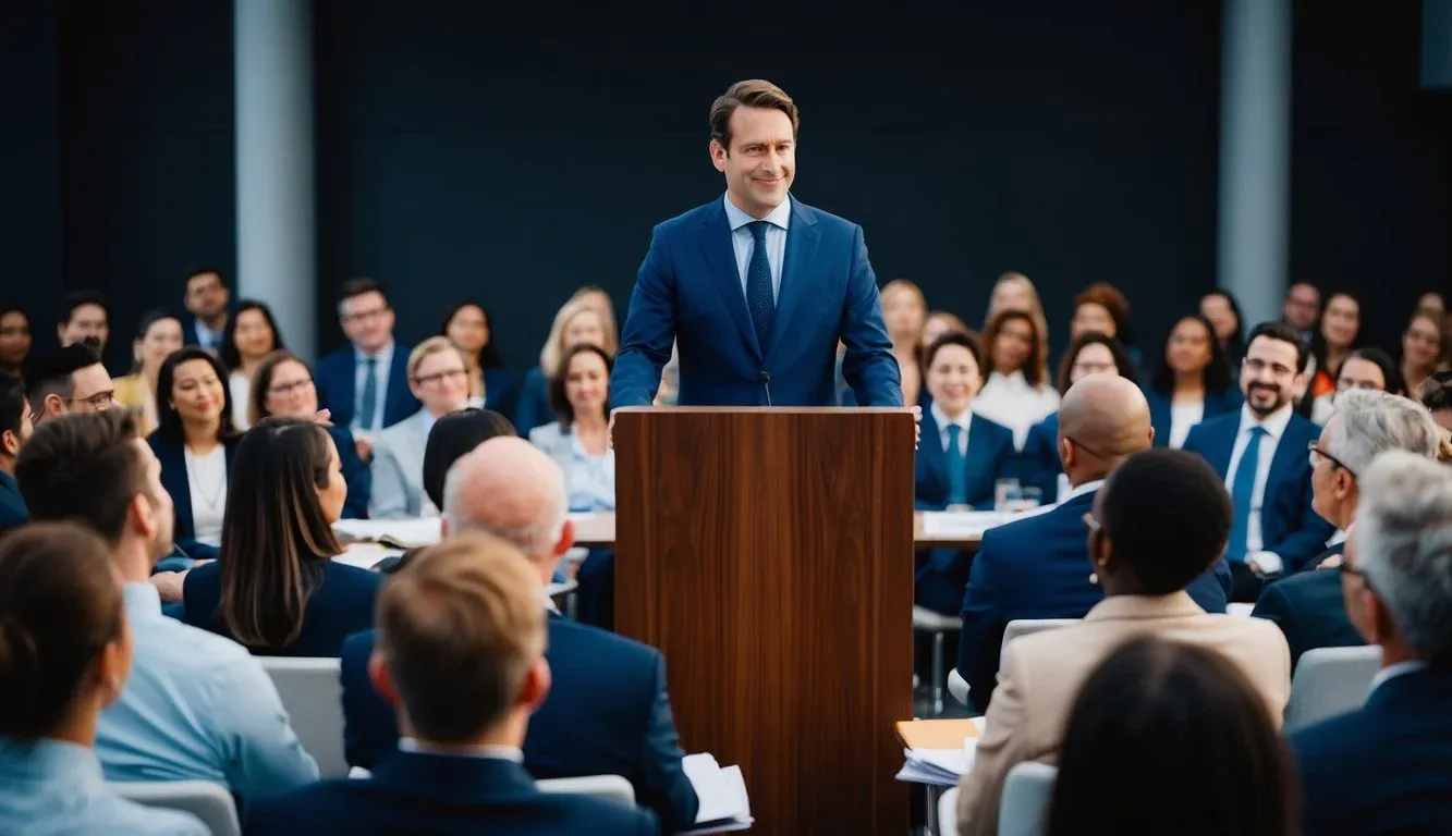 A professional standing confidently at a podium, surrounded by an engaged audience, while sharing knowledge and expertise in their field