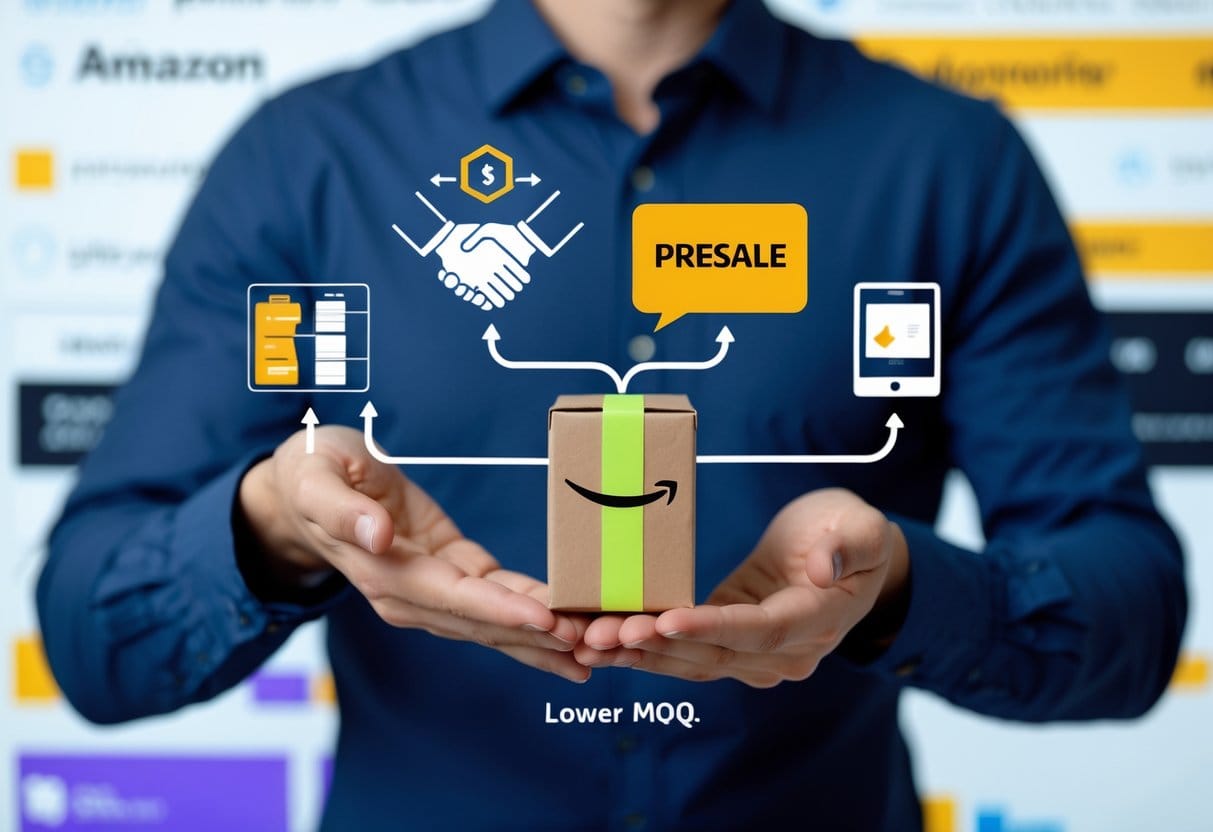 A creative flowchart-style scene with icons representing four strategies branching from a central figure (an Amazon seller holding a product sample): Two hands shaking (joint/co-buyer orders), A bundled package (product bundling), A "Presale" tag with customers placing orders online, A simplified product (basic color/material swatch). Each branch leads to a small box labeled “Lower MOQ” at the bottom. The background suggests an Amazon storefront dashboard.