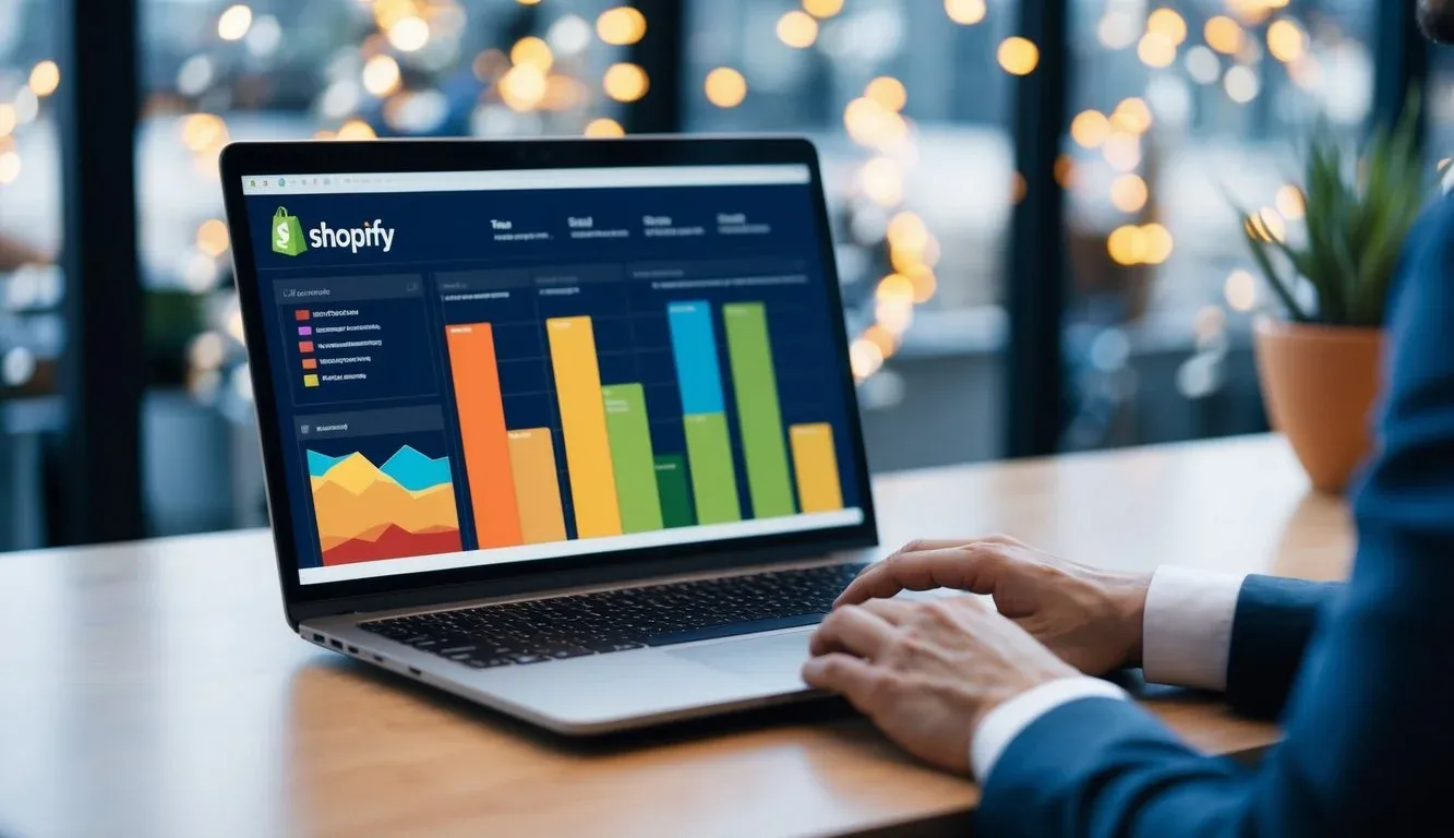 A laptop displaying Shopify store analytics with various advertising and sales channels data