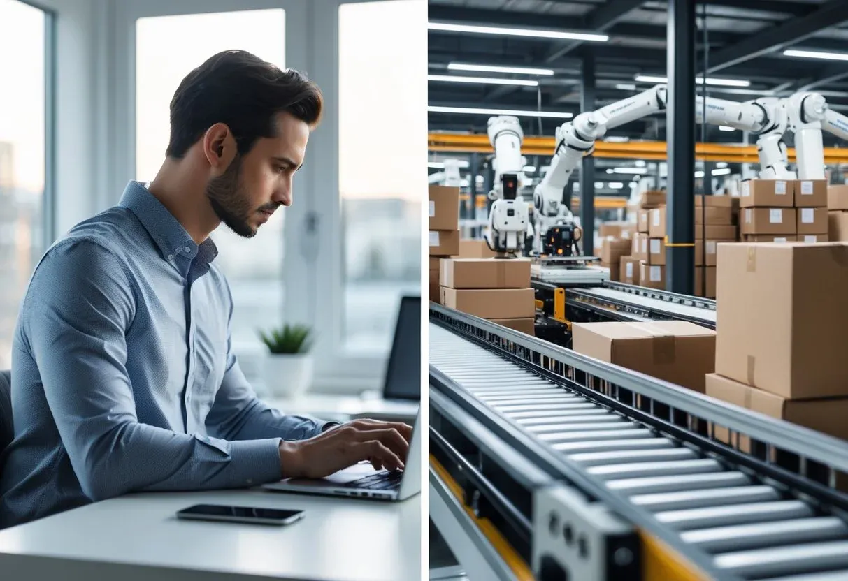 Split screen of a person working on their POD store at a laptop, and a fulfillment warehouse automating shipping and packing in the background