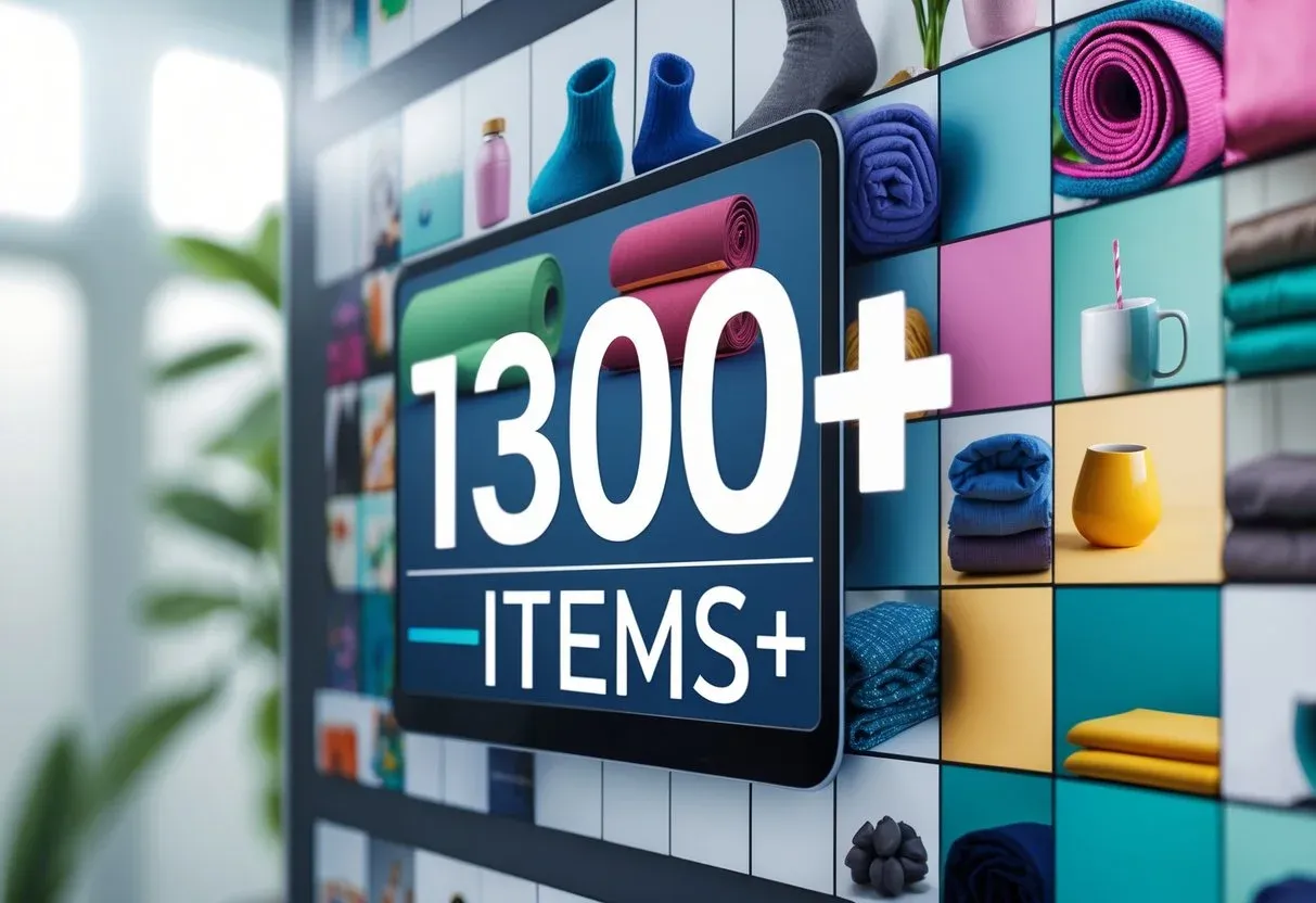 A wide catalog of diverse products like yoga mats, socks, tote bags, and mugs, displayed on a digital screen labeled “1300+ items”.