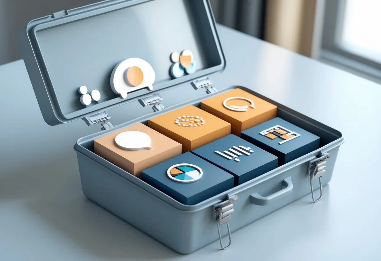 A clean, organized toolbox filled with labeled-looking icons representing different AI functions chatbot, recommendation engine, analytics, inventory management.