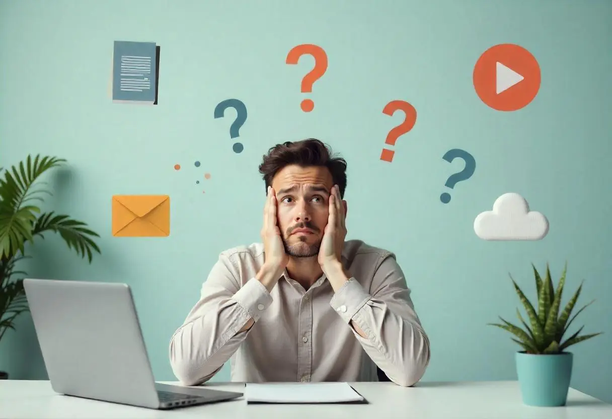 A confused person sitting at a desk surrounded by floating icons representing digital products.webp