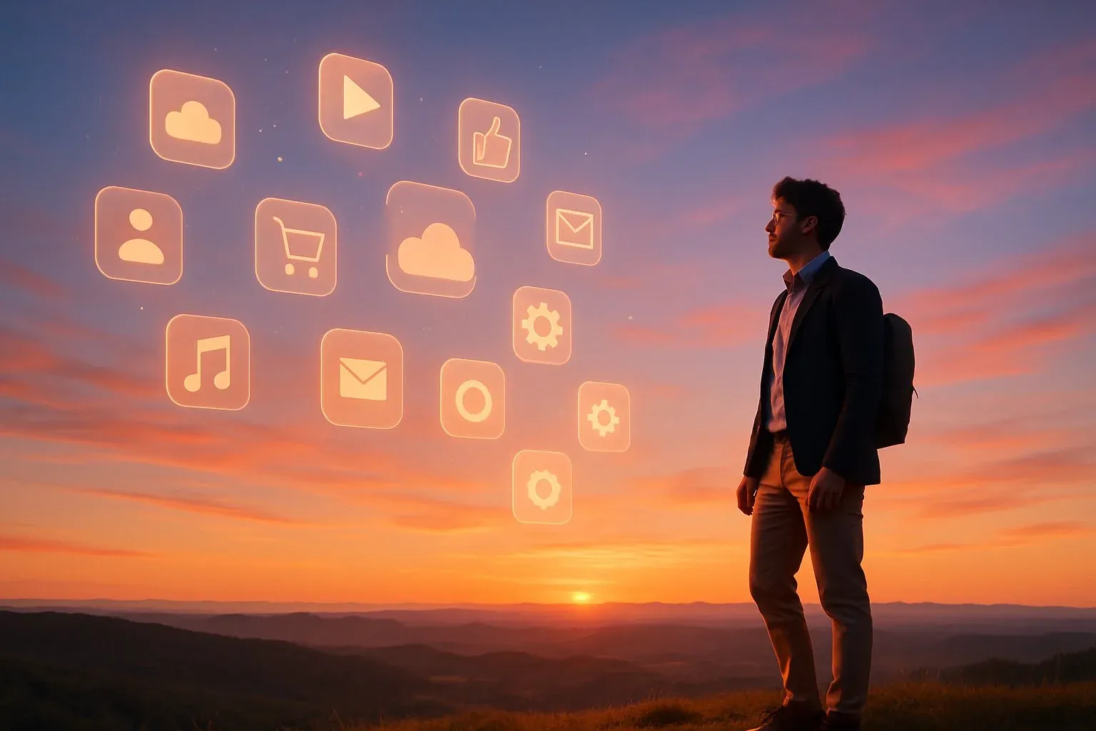 A creator looking out at a horizon filled with floating icons of digital products, symbolizing freedom, future potential, and opportunity.