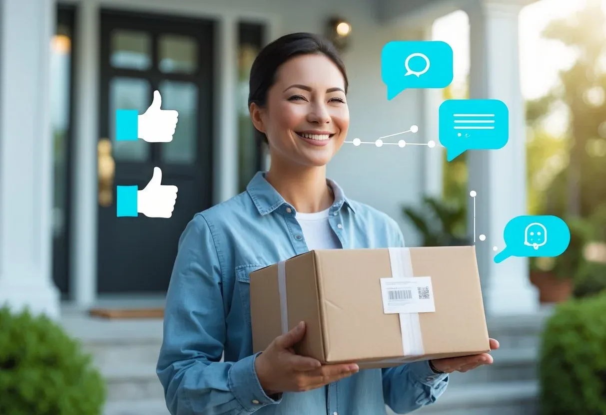 A customer receiving a delivered package, looking satisfied. In the background, abstract visuals like thumbs-up icons, reduced return arrows, and chatbot bubbles illustrate improved post-AI results.