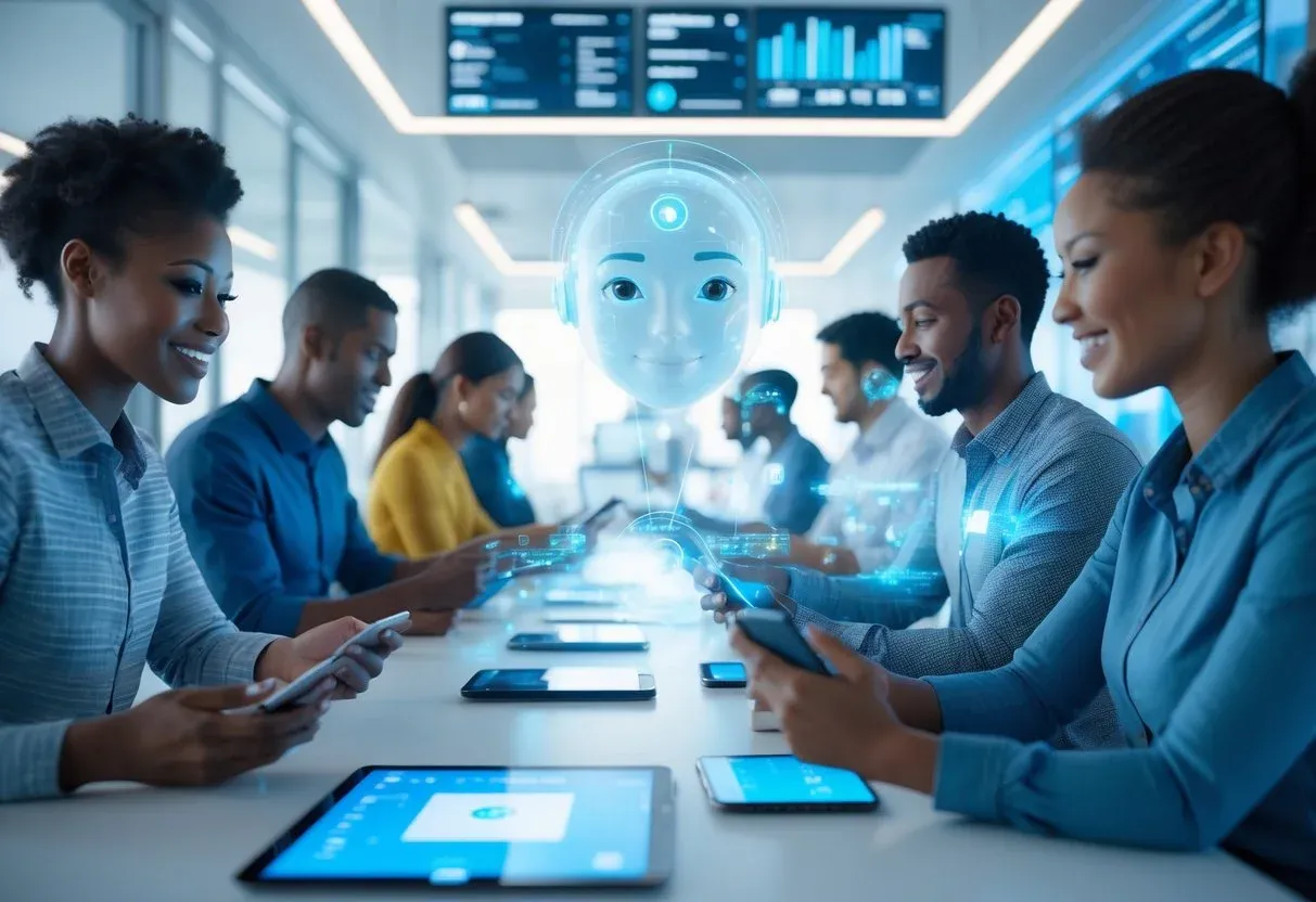 A customer support hub where customers are shown receiving instant solutions via smart devices, assisted by glowing digital AI avatars