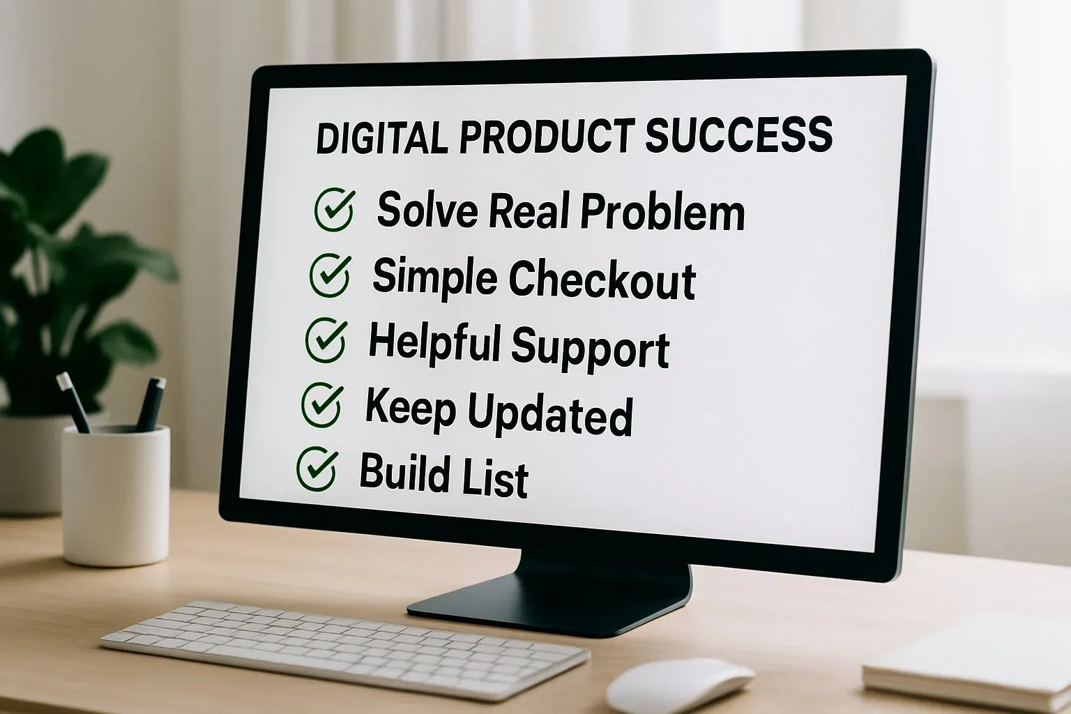 A digital product success checklist on a screen with checkmarks solve real problem, simple checkout, helpful support, keep updated, build list.