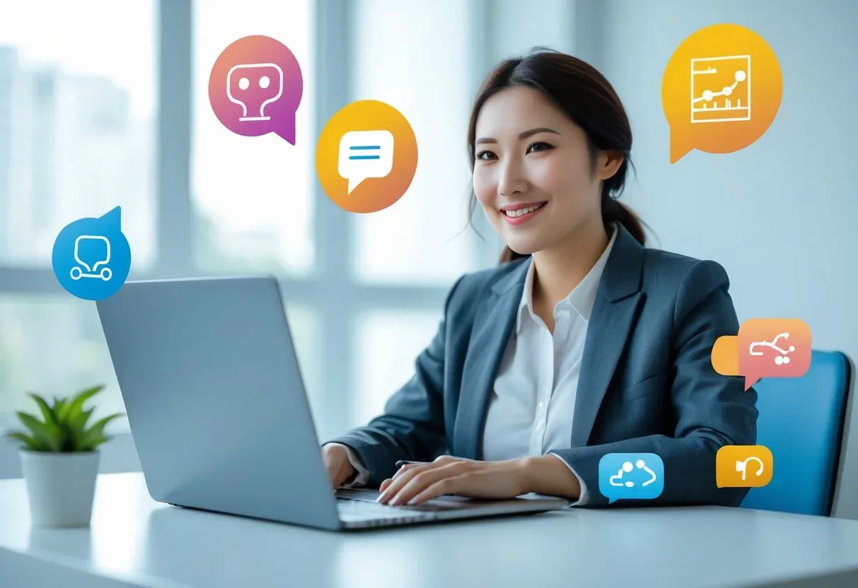 A first-time ecommerce seller at a laptop, with friendly AI icons floating around them offering support.