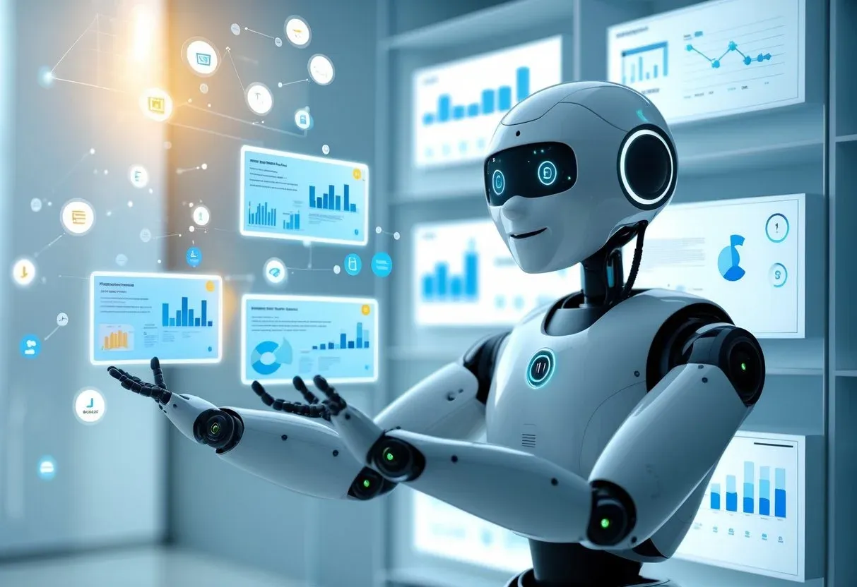  friendly robot or AI assistant arranging digital product cards on a virtual shelf while scanning data with its eyes. Each product glows slightly, and analytics symbols float in the air.