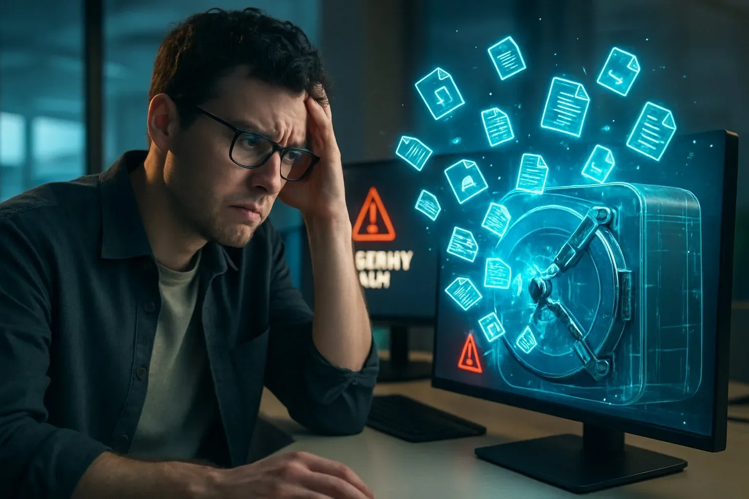 A frustrated creator watching pirated files leak out from a digital vault with cracked locks—representing file theft or piracy risk.