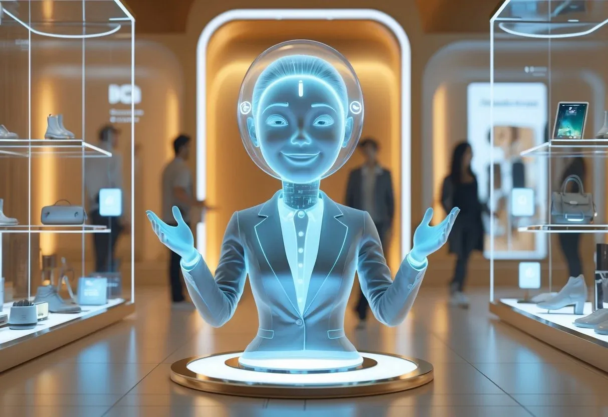 A futuristic online storefront where loyal customers are welcomed by a glowing AI concierge offering product suggestions, creating a sense of VIP service. Warm, inviting tones.