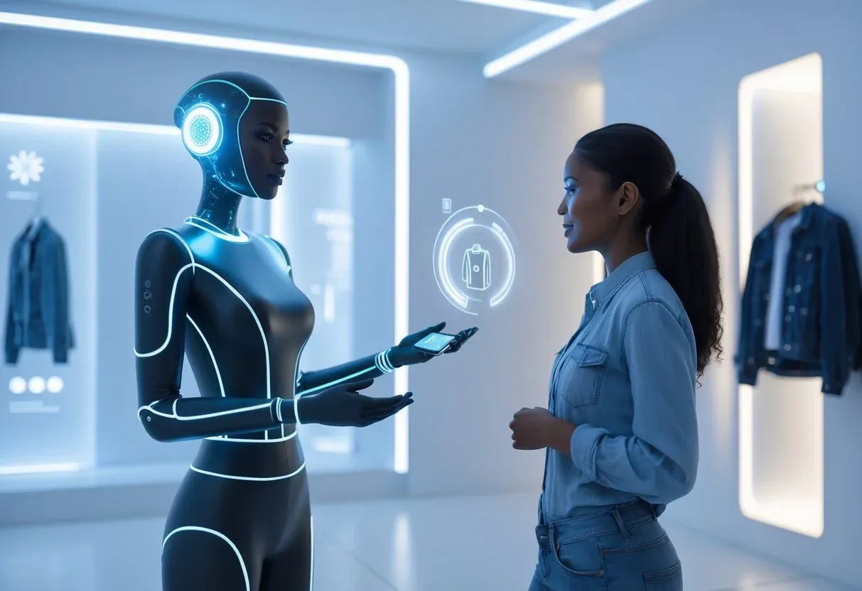 A glowing AI assistant presenting specific clothing, gadgets, or items to a digital avatar of a shopper in a virtual showroom.