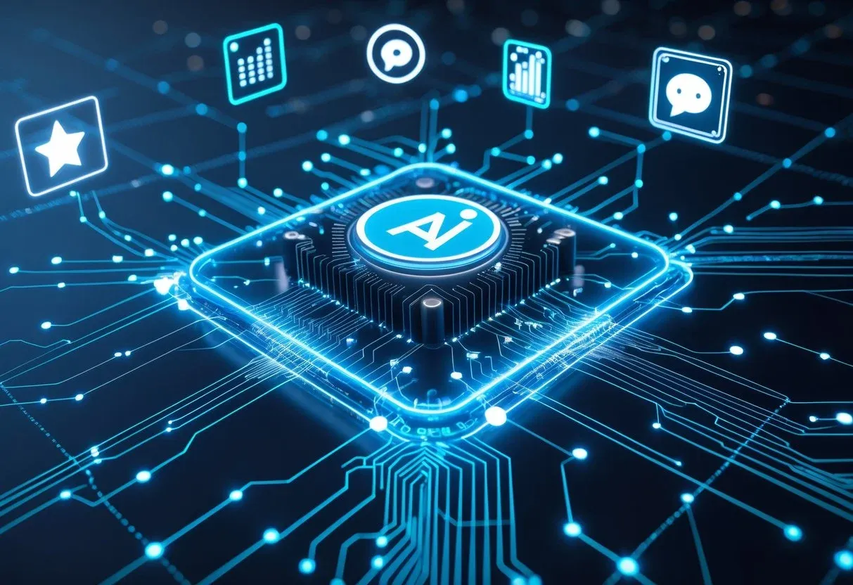 A glowing AI core at the center, with neural circuits branching out to icons representing recommendation engines, chatbots, analytics, and computer vision. All elements are digital and floating in a sleek, futuristic environment.
