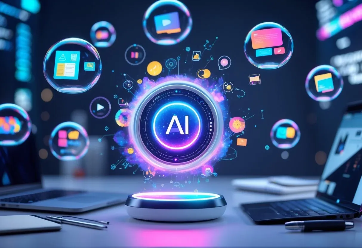 A glowing AI core projecting creative content bubbles (like videos, photos, icons, and message drafts) into the air.