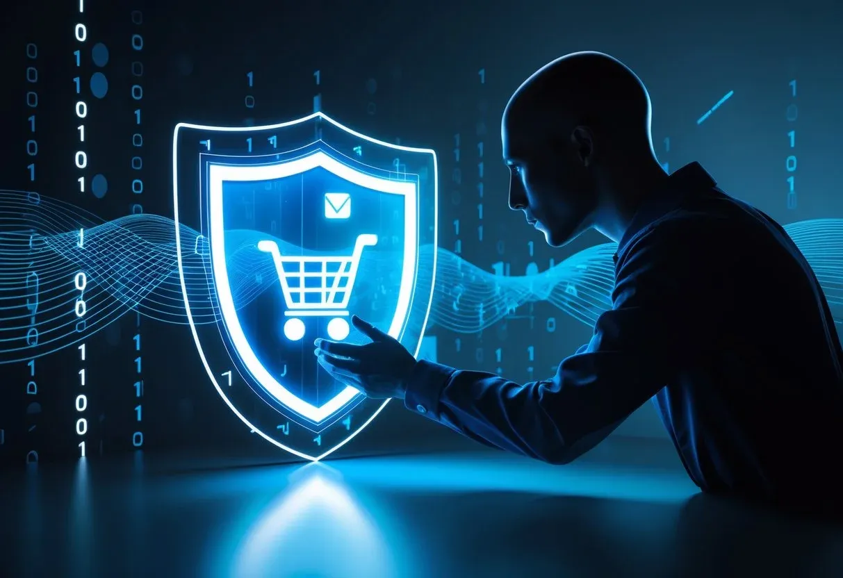 A glowing AI shield intercepting a shadowy figure trying to access a digital shopping cart