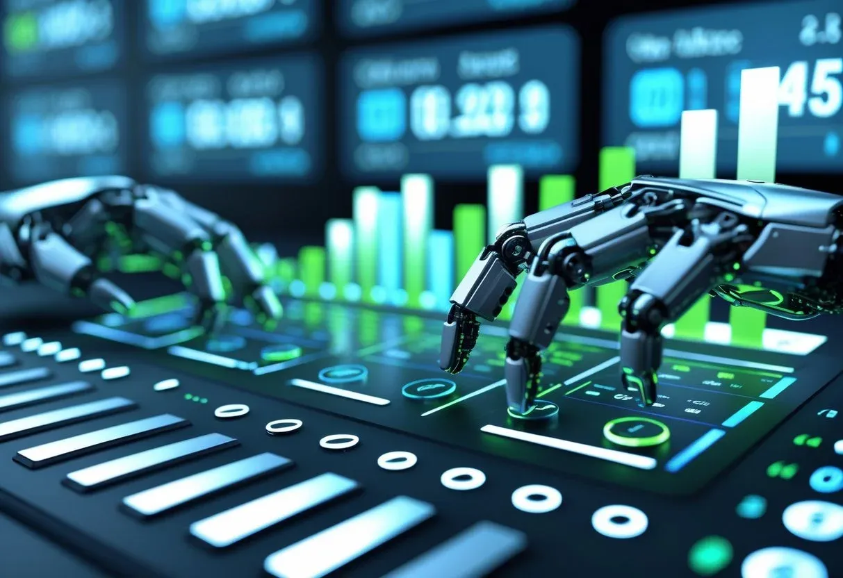 A high-tech control panel with sliders, charts, and glowing knobs, operated by robotic hands.
