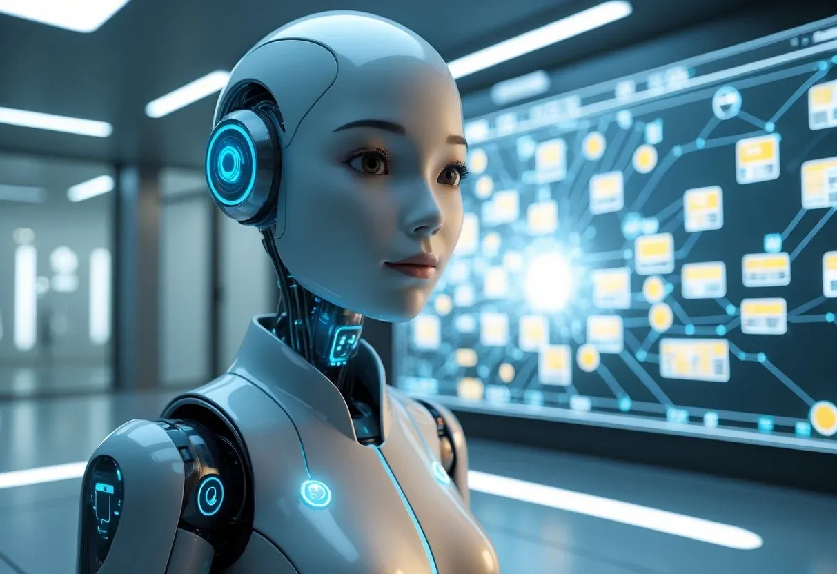 A humanoid AI assistant with a curious expression standing in front of a cluttered digital store map showing disorganized inventory, broken data streams, and missing components