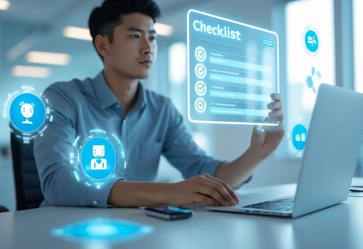 A person at a desk reviewing a holographic checklist with AI icons around them chatbot, analytics graph, product image generator, etc.