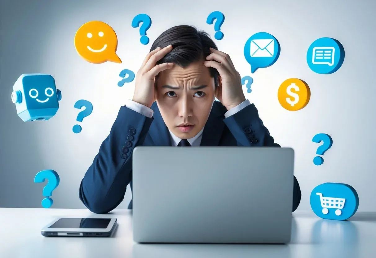 A person sitting at a laptop surrounded by floating 3D icons of AI tools with question marks subtly integrated into the scene.webp