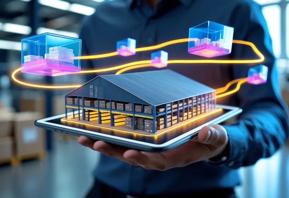 A virtual 3D model of a warehouse floating above a tablet screen, with live item tracking visualsaA virtual 3D model of a warehouse floating above a tablet screen, with live item tracking visuals: colored boxes flowing through supply chains, AI lines routing optimal paths.