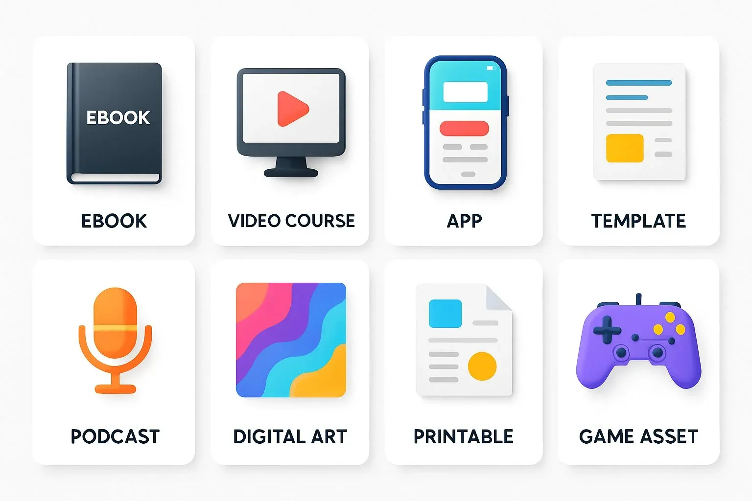 Grid of digital product types: eBook, video course, app, template, podcast, digital art, printable, and game asset—each represented with a clean, stylized icon or miniature preview.