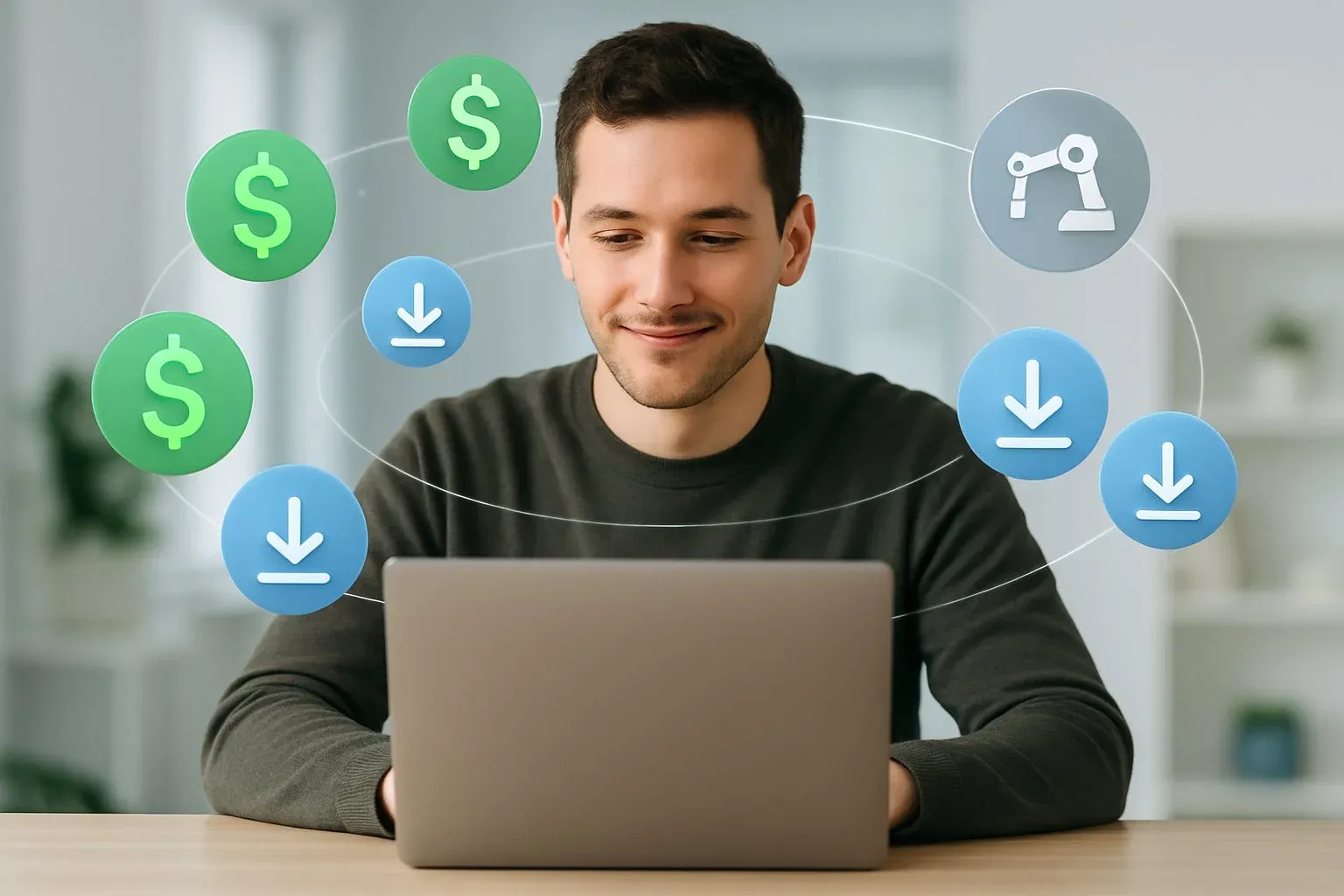 Illustration of a creator sitting at a laptop with money symbols, download notifications, and a hands-free automation icon orbiting them—symbolizing passive income potential.