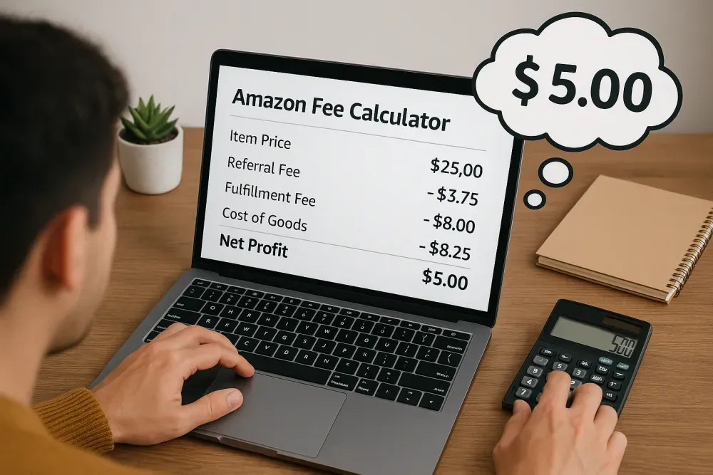 Seller entering numbers into an Amazon fee calculator on a laptop, with cost breakdown visible on screen and thought bubbles showing net profit.