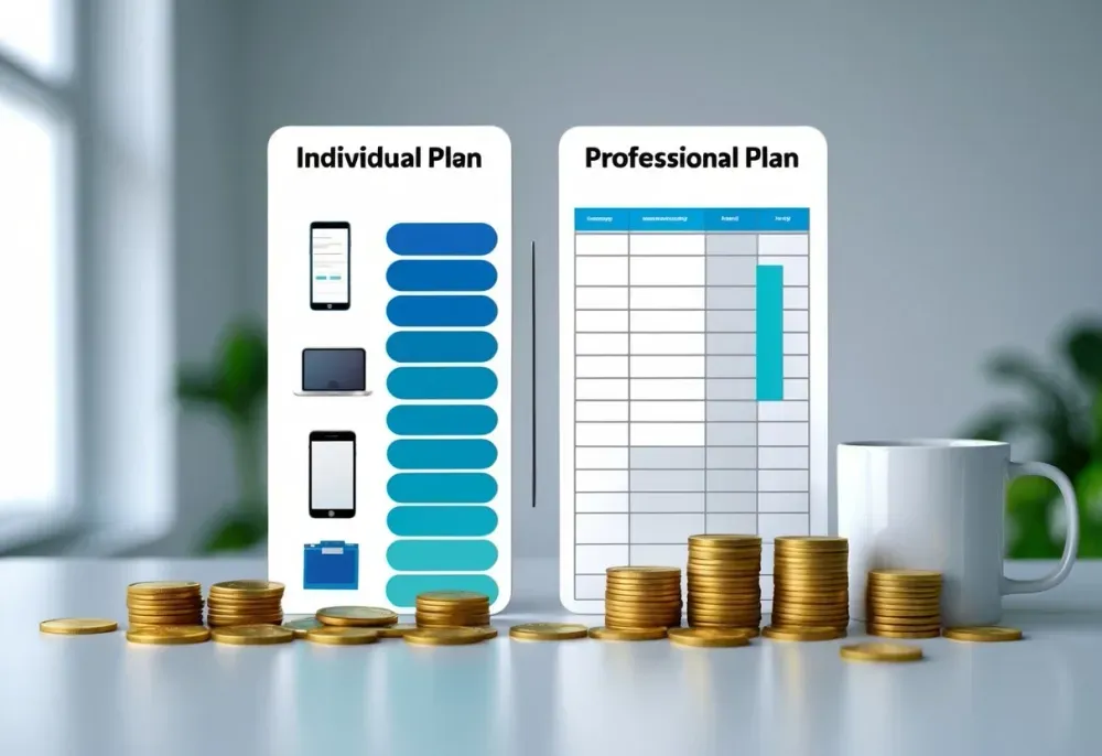 Visual comparison of Amazon’s Individual and Professional Plans—one side with coins and small items, the other with bulk inventory and a calendar showing monthly payments.