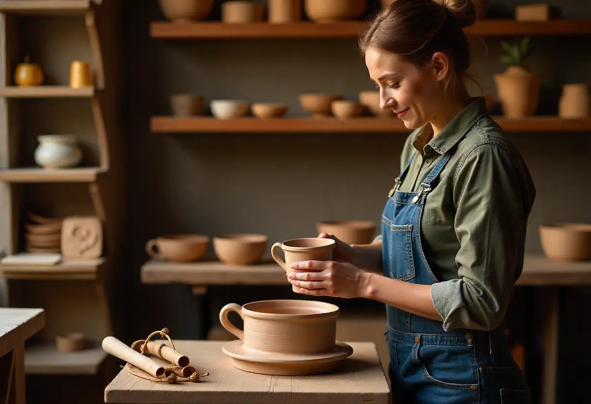 Craftsperson shaping a handmade ceramic mug on a pottery wheel in a cozy, naturally lit artisan workspace.