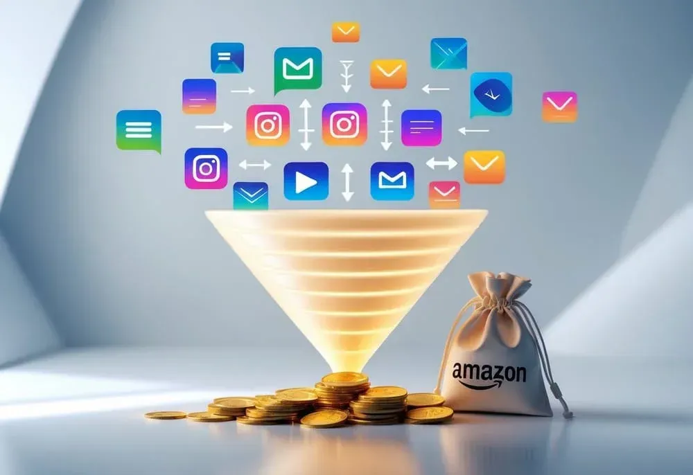 Visual funnel showing blog posts, YouTube, social media, and email icons flowing into Amazon, turning into gold coins.
