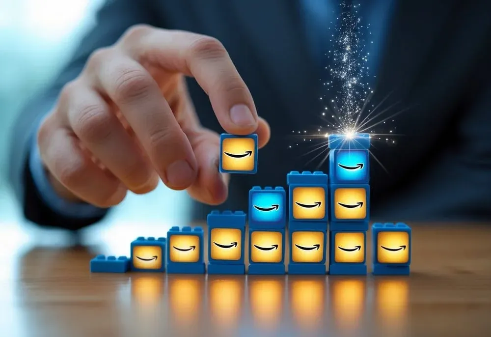 Close-up of a hand placing a building block onto a glowing staircase made of Amazon product icons, with a sparkle at the top symbolizing success.