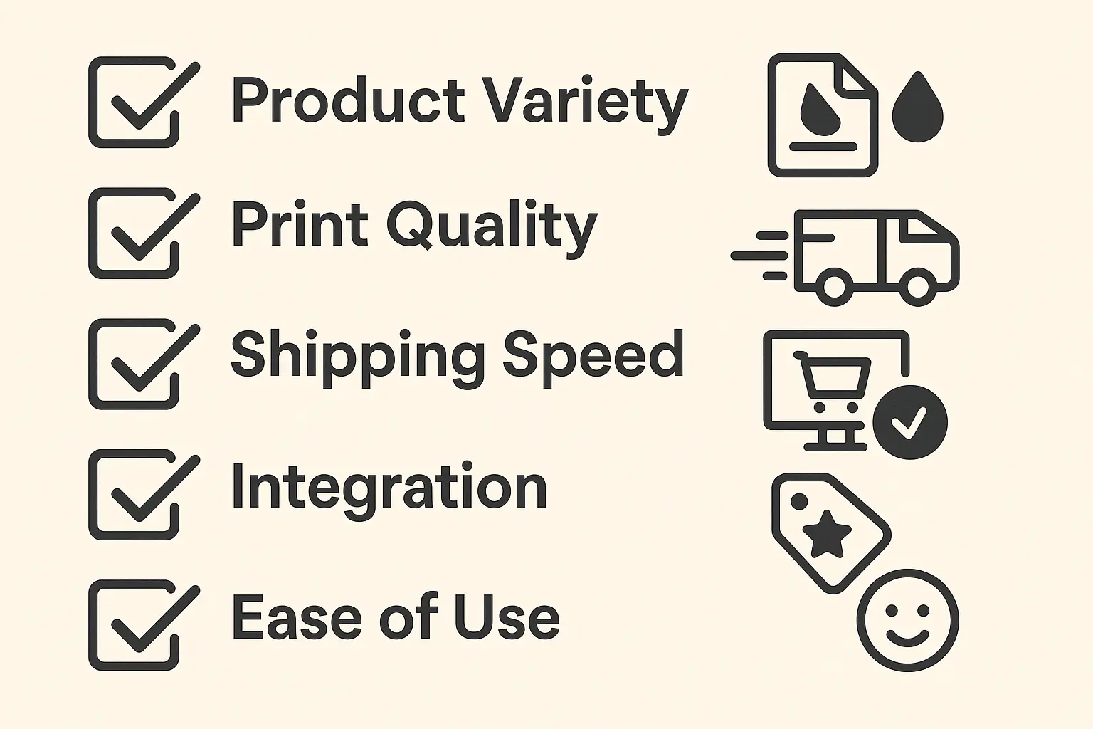 A checklist-style image with icons for product variety, print quality, shipping speed, integration, branding, and ease of use.