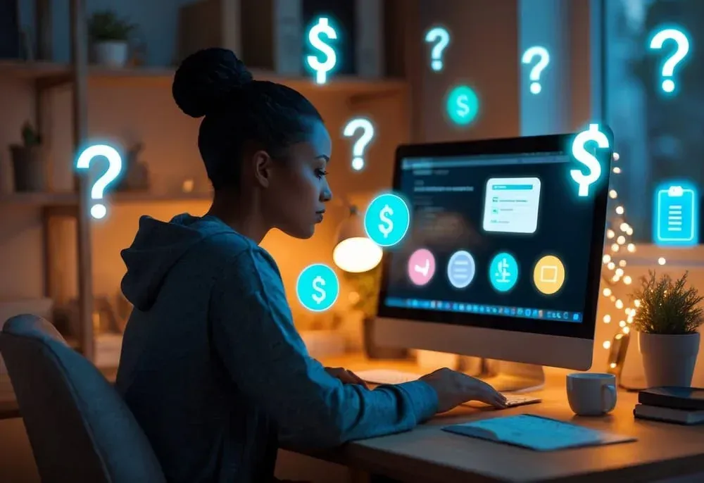 Person sitting at a cozy desk, surrounded by floating question marks and glowing icons like a dollar sign, gift card, phone, checklist, and return symbol, calmly reviewing answers on a screen.