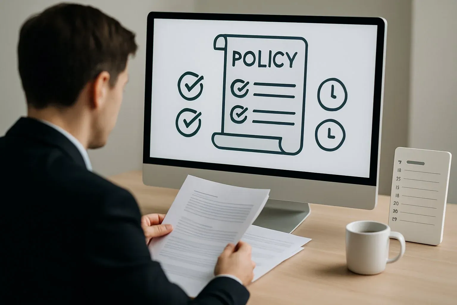 Person reviewing abstract policy visuals on paper or screen, surrounded by icons like checkmarks, clocks, scrolls, a calendar, and a coffee mug.