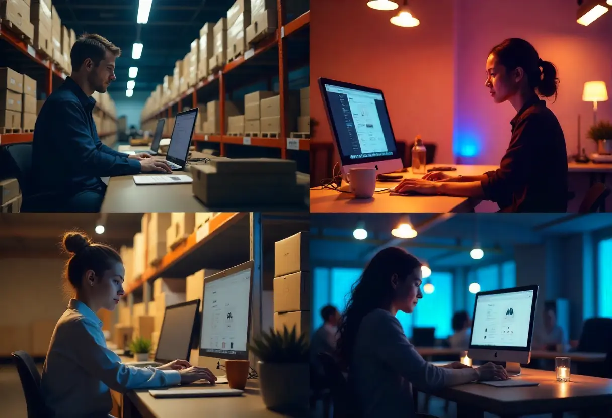 Split image showing four Amazon sellers: one in a warehouse managing inventory, one packing orders at home, one reviewing brand catalogs, and one designing products on a computer—each in a distinct setting to highlight different selling models and personal business styles.