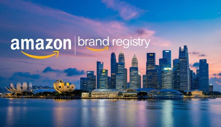 A vibrant cityscape with iconic landmarks in singapore, featuring the Amazon brand registry logo prominently displayed