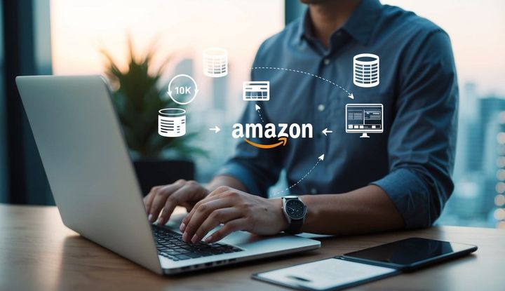 A person analyzing data on a laptop with Amazon's website and competitor information displayed on the screen